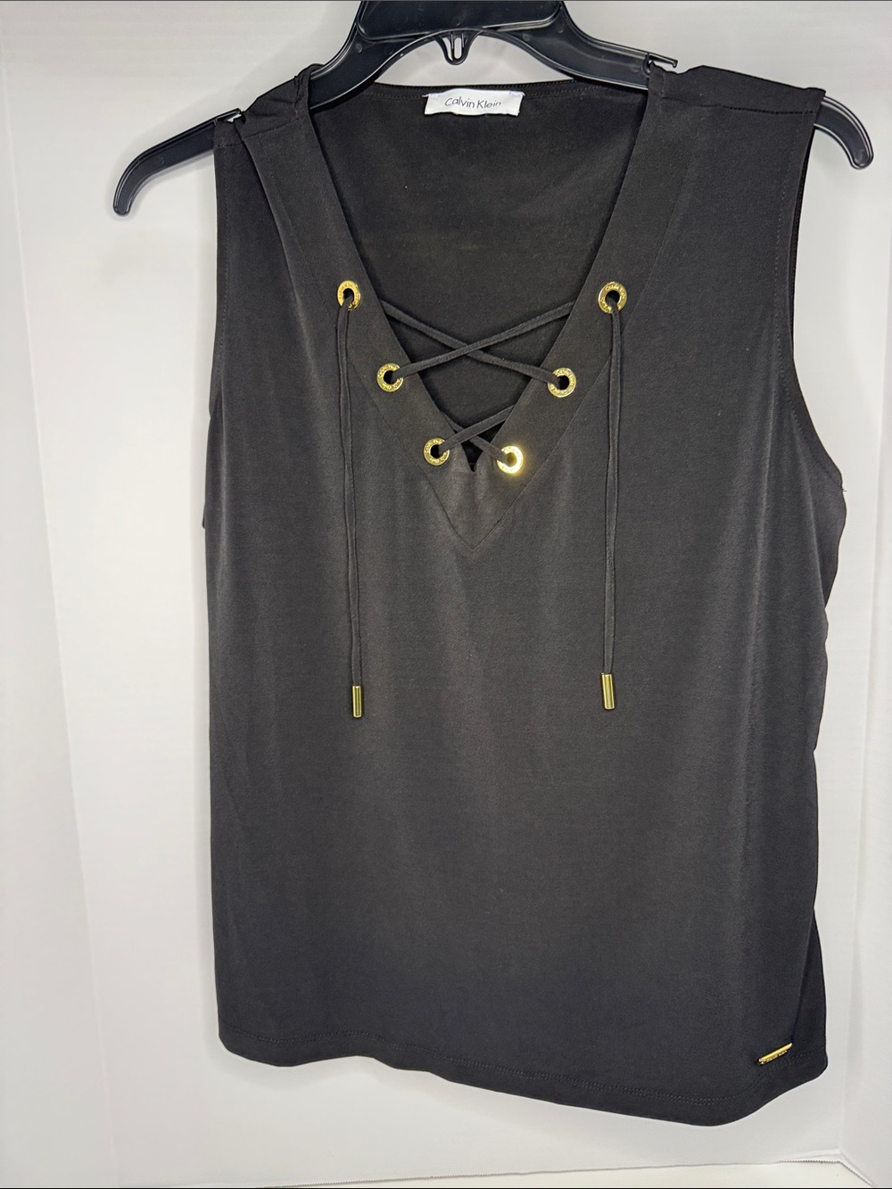 Calvin Klein Black with Gold accents Lace-up V-Neck Camisole/tank